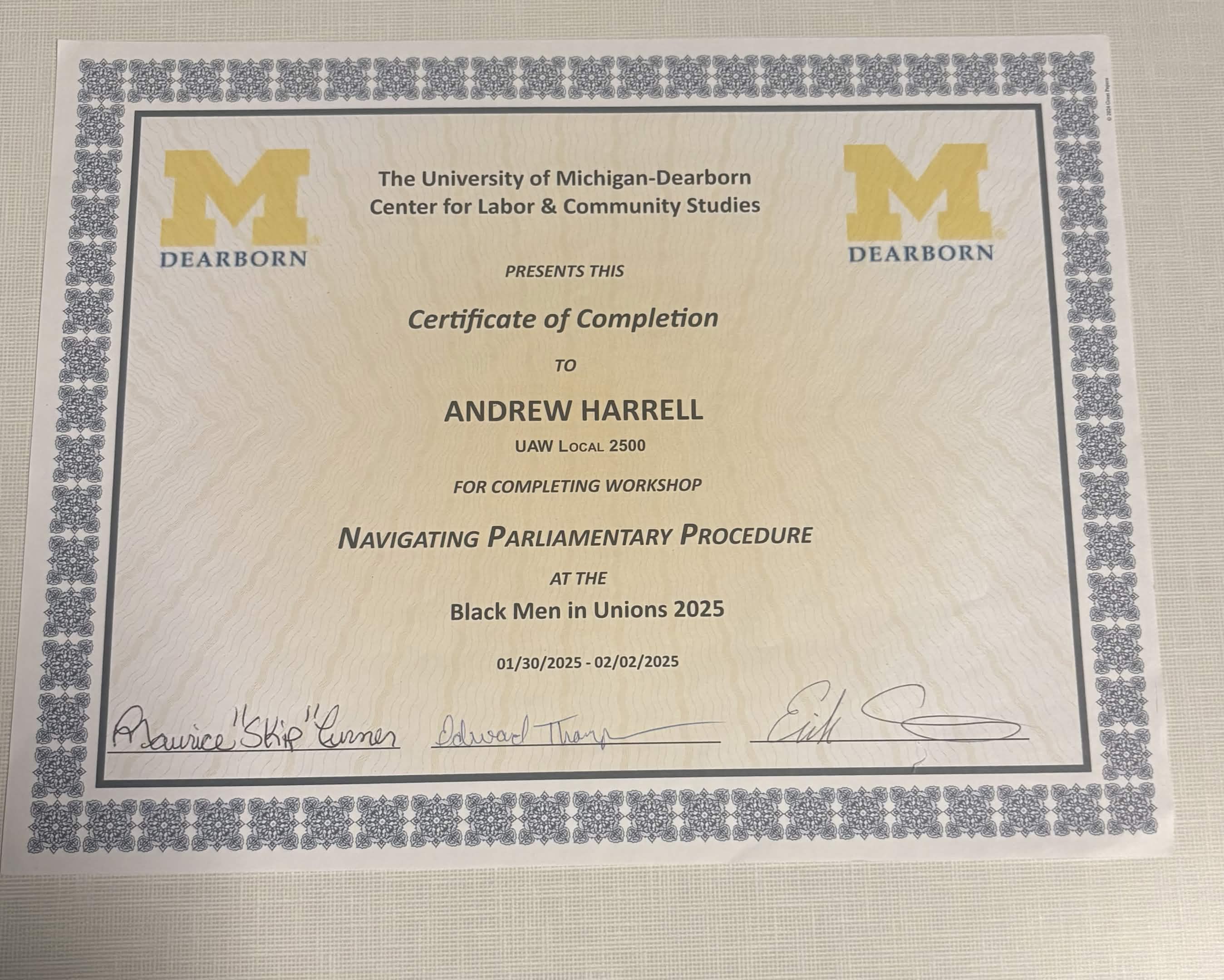 UAW Standing Committees Institute Certificate