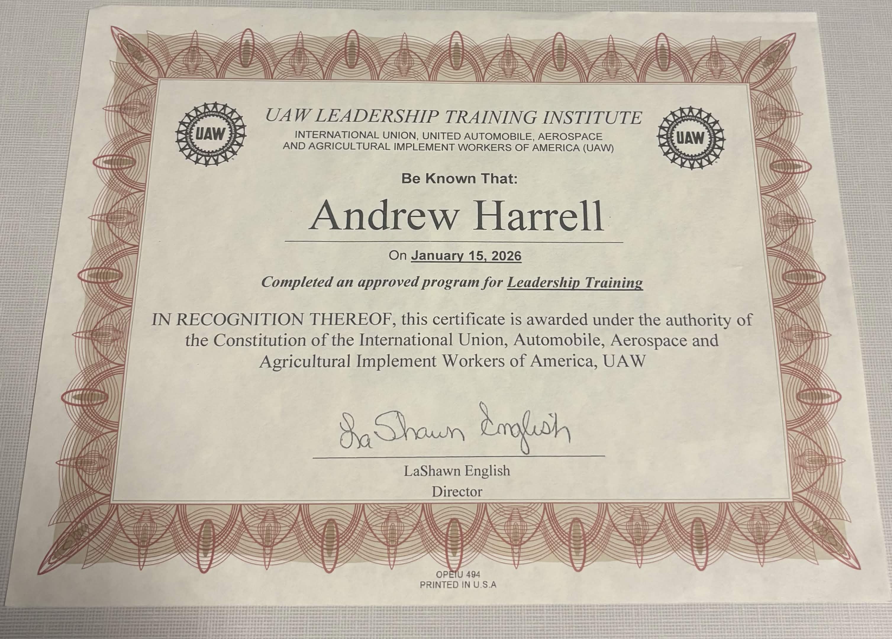 UAW Roles of Officers Certificate