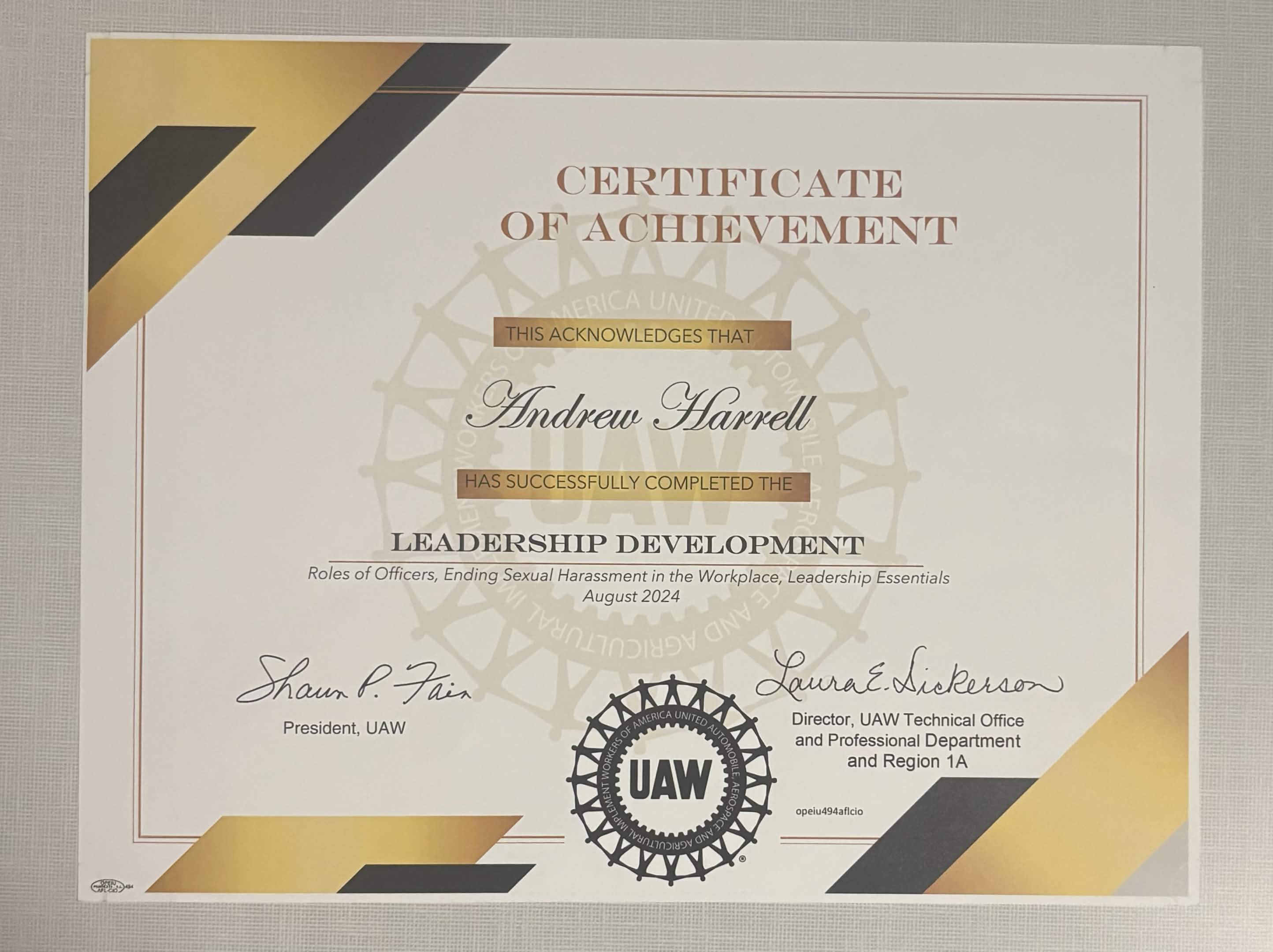 UAW Leadership Training Certificate